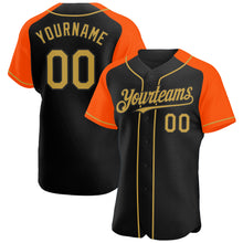 Load image into Gallery viewer, Custom Black Old Gold-Orange Authentic Raglan Sleeves Baseball Jersey
