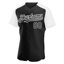 Load image into Gallery viewer, Custom Black White Authentic Raglan Sleeves Baseball Jersey
