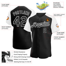 Load image into Gallery viewer, Custom Black White Authentic Raglan Sleeves Baseball Jersey

