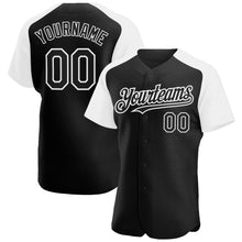 Load image into Gallery viewer, Custom Black White Authentic Raglan Sleeves Baseball Jersey
