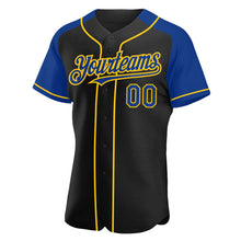 Load image into Gallery viewer, Custom Black Royal-Yellow Authentic Raglan Sleeves Baseball Jersey
