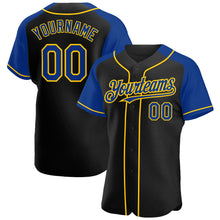 Load image into Gallery viewer, Custom Black Royal-Yellow Authentic Raglan Sleeves Baseball Jersey
