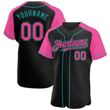 Load image into Gallery viewer, Custom Black Pink-Teal Authentic Raglan Sleeves Baseball Jersey
