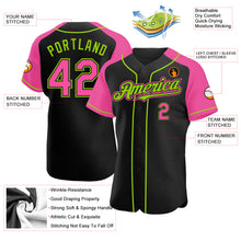 Load image into Gallery viewer, Custom Black Pink-Neon Green Authentic Raglan Sleeves Baseball Jersey
