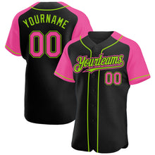 Load image into Gallery viewer, Custom Black Pink-Neon Green Authentic Raglan Sleeves Baseball Jersey
