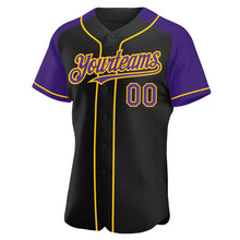 Load image into Gallery viewer, Custom Black Purple-Yellow Authentic Raglan Sleeves Baseball Jersey
