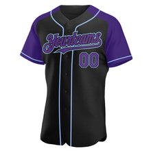 Load image into Gallery viewer, Custom Black Purple-Light Blue Authentic Raglan Sleeves Baseball Jersey
