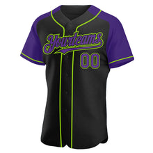 Load image into Gallery viewer, Custom Black Purple-Neon Green Authentic Raglan Sleeves Baseball Jersey
