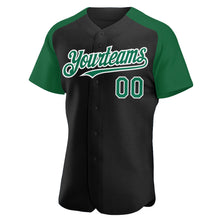 Load image into Gallery viewer, Custom Black Kelly Green-White Authentic Raglan Sleeves Baseball Jersey

