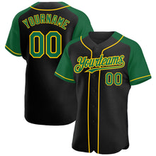 Load image into Gallery viewer, Custom Black Kelly Green-Yellow Authentic Raglan Sleeves Baseball Jersey
