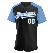 Load image into Gallery viewer, Custom Black White-Light Blue Authentic Raglan Sleeves Baseball Jersey
