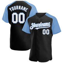 Load image into Gallery viewer, Custom Black White-Light Blue Authentic Raglan Sleeves Baseball Jersey
