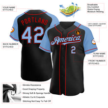 Load image into Gallery viewer, Custom Black Light Blue-Red Authentic Raglan Sleeves Baseball Jersey
