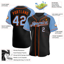 Load image into Gallery viewer, Custom Black Light Blue-Orange Authentic Raglan Sleeves Baseball Jersey

