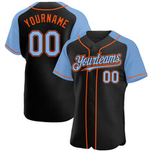Load image into Gallery viewer, Custom Black Light Blue-Orange Authentic Raglan Sleeves Baseball Jersey
