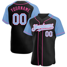 Load image into Gallery viewer, Custom Black Light Blue-Pink Authentic Raglan Sleeves Baseball Jersey
