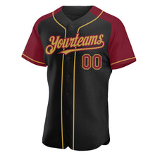 Load image into Gallery viewer, Custom Black Crimson-Old Gold Authentic Raglan Sleeves Baseball Jersey
