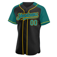 Load image into Gallery viewer, Custom Black Teal-Yellow Authentic Raglan Sleeves Baseball Jersey
