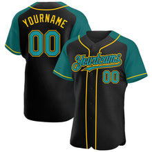 Load image into Gallery viewer, Custom Black Teal-Yellow Authentic Raglan Sleeves Baseball Jersey

