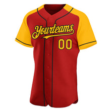 Load image into Gallery viewer, Custom Red Gold-Black Authentic Raglan Sleeves Baseball Jersey
