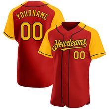 Load image into Gallery viewer, Custom Red Gold-Black Authentic Raglan Sleeves Baseball Jersey
