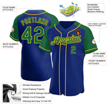 Load image into Gallery viewer, Custom Royal Kelly Green-Yellow Authentic Raglan Sleeves Baseball Jersey
