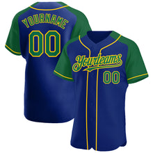 Load image into Gallery viewer, Custom Royal Kelly Green-Yellow Authentic Raglan Sleeves Baseball Jersey
