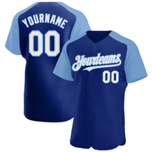 Load image into Gallery viewer, Custom Royal White-Light Blue Authentic Raglan Sleeves Baseball Jersey
