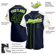 Load image into Gallery viewer, Custom Navy White-Neon Green Authentic Raglan Sleeves Baseball Jersey
