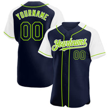 Load image into Gallery viewer, Custom Navy White-Neon Green Authentic Raglan Sleeves Baseball Jersey
