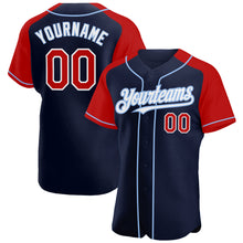 Load image into Gallery viewer, Custom Navy Red-Light Blue Authentic Raglan Sleeves Baseball Jersey
