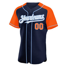 Load image into Gallery viewer, Custom Navy Orange-Light Blue Authentic Raglan Sleeves Baseball Jersey
