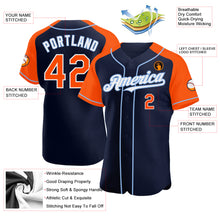 Load image into Gallery viewer, Custom Navy Orange-Light Blue Authentic Raglan Sleeves Baseball Jersey
