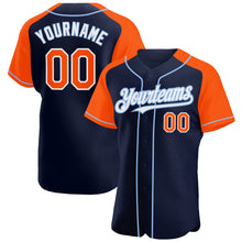 Load image into Gallery viewer, Custom Navy Orange-Light Blue Authentic Raglan Sleeves Baseball Jersey
