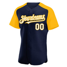 Load image into Gallery viewer, Custom Navy White-Gold Authentic Raglan Sleeves Baseball Jersey
