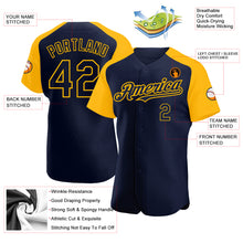 Load image into Gallery viewer, Custom Navy Gold Authentic Raglan Sleeves Baseball Jersey

