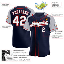 Load image into Gallery viewer, Custom Navy White Gray-Red Authentic Raglan Sleeves Baseball Jersey
