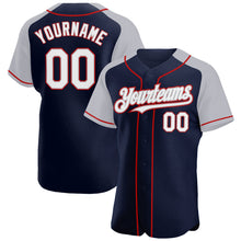 Load image into Gallery viewer, Custom Navy White Gray-Red Authentic Raglan Sleeves Baseball Jersey
