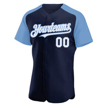 Load image into Gallery viewer, Custom Navy White-Light Blue Authentic Raglan Sleeves Baseball Jersey
