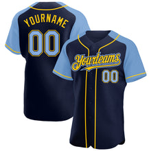 Load image into Gallery viewer, Custom Navy Light Blue-Yellow Authentic Raglan Sleeves Baseball Jersey
