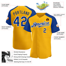 Load image into Gallery viewer, Custom Gold Royal-White Authentic Raglan Sleeves Baseball Jersey
