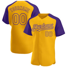 Load image into Gallery viewer, Custom Gold Purple Authentic Raglan Sleeves Baseball Jersey
