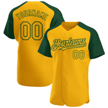 Load image into Gallery viewer, Custom Gold Green Authentic Raglan Sleeves Baseball Jersey

