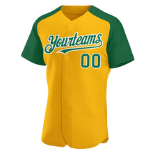 Load image into Gallery viewer, Custom Gold Kelly Green-White Authentic Raglan Sleeves Baseball Jersey
