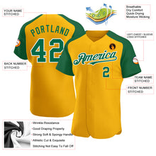 Load image into Gallery viewer, Custom Gold Kelly Green-White Authentic Raglan Sleeves Baseball Jersey
