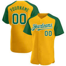 Load image into Gallery viewer, Custom Gold Kelly Green-White Authentic Raglan Sleeves Baseball Jersey
