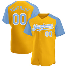 Load image into Gallery viewer, Custom Gold Light Blue-White Authentic Raglan Sleeves Baseball Jersey
