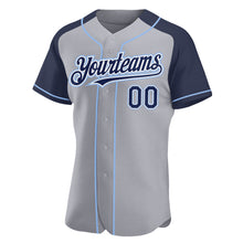 Load image into Gallery viewer, Custom Gray Navy-Light Blue Authentic Raglan Sleeves Baseball Jersey
