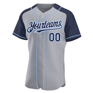 Custom Gray Navy-Light Blue Authentic Raglan Sleeves Baseball Jersey