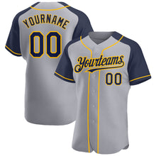 Load image into Gallery viewer, Custom Gray Navy-Gold Authentic Raglan Sleeves Baseball Jersey

